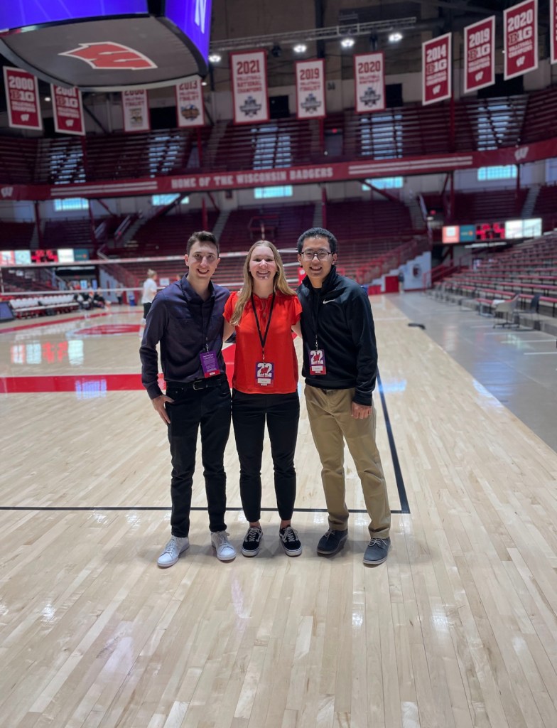 WSUM Sports broadcast team for Wisconsin women's volleyball match against Northwestern at the Field House.
