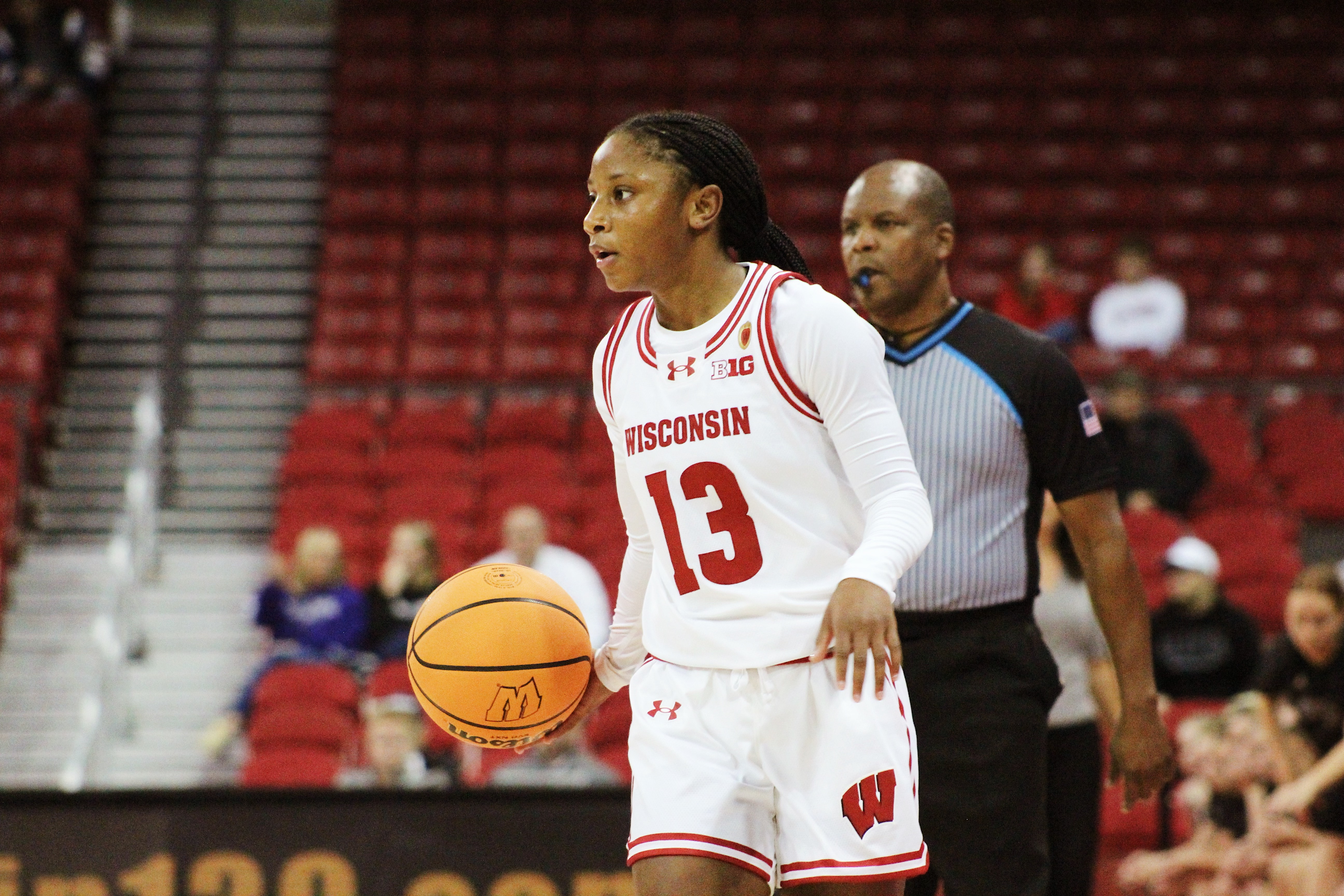 Ronnie Porter brings the ball up the court (Wisconsin vs. UW-Whitewater, 10.29.23).