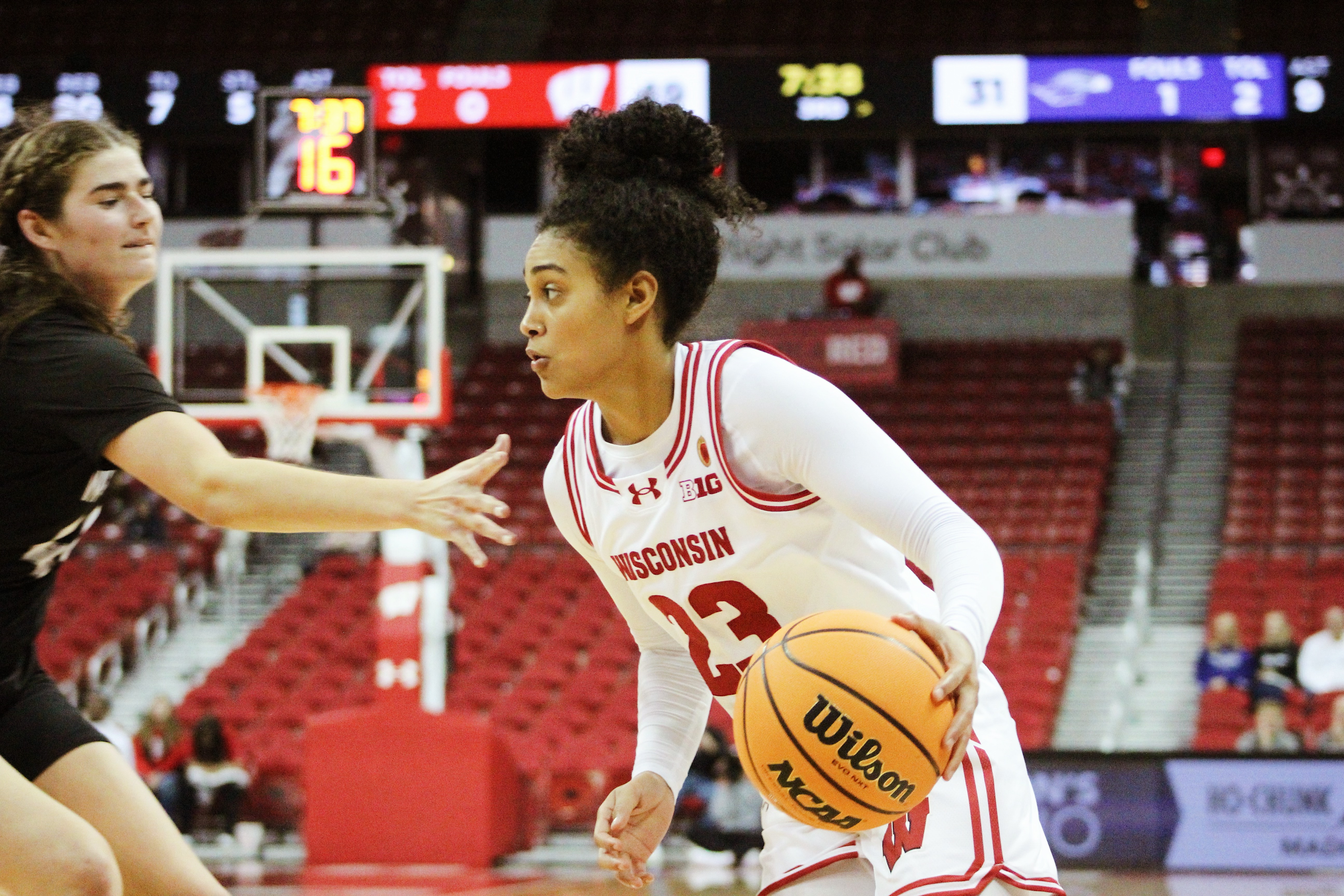 D'Yanis Jimenez takes on a defender (Wisconsin vs. UW-Whitewater, 10.29.23).