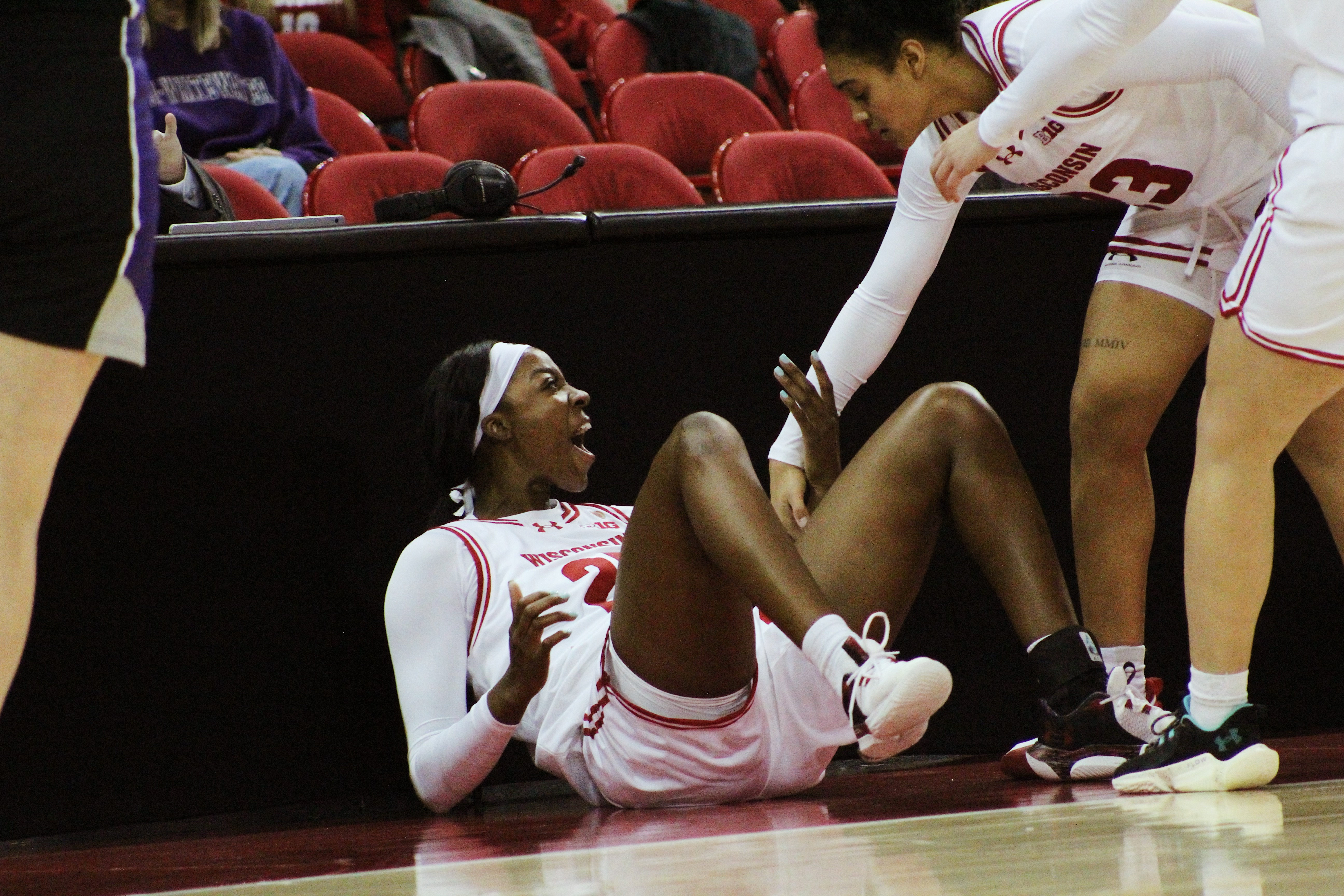 Serah Williams Celebrates after a foul (Wisconsin vs. UW-Whitewater, 10.29.23).
